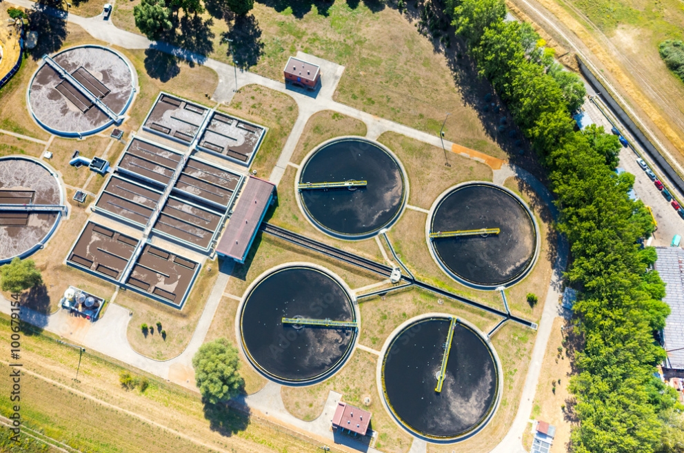 Aerial view of a wastewater treatment facility.