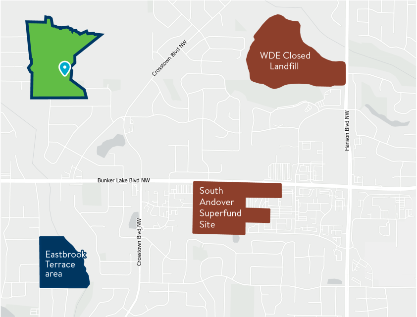 Aerial map of Eastbrook Terrace neighborhood in Andover located to the west of the South Andover Superfund site and southwest of the WDE closed landfill.