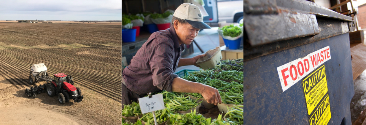 3 photo banner - a tractor in a field, a farmer at the market, and a food waste dumpster