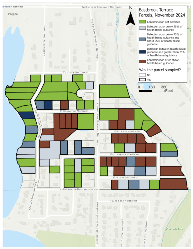 Sampling map showing 26 parcels at or above health based guidance for 1,4-Dioxane, and no contamination at 36 parcels in the Eastbrook Terrace neighborhood of Andover.